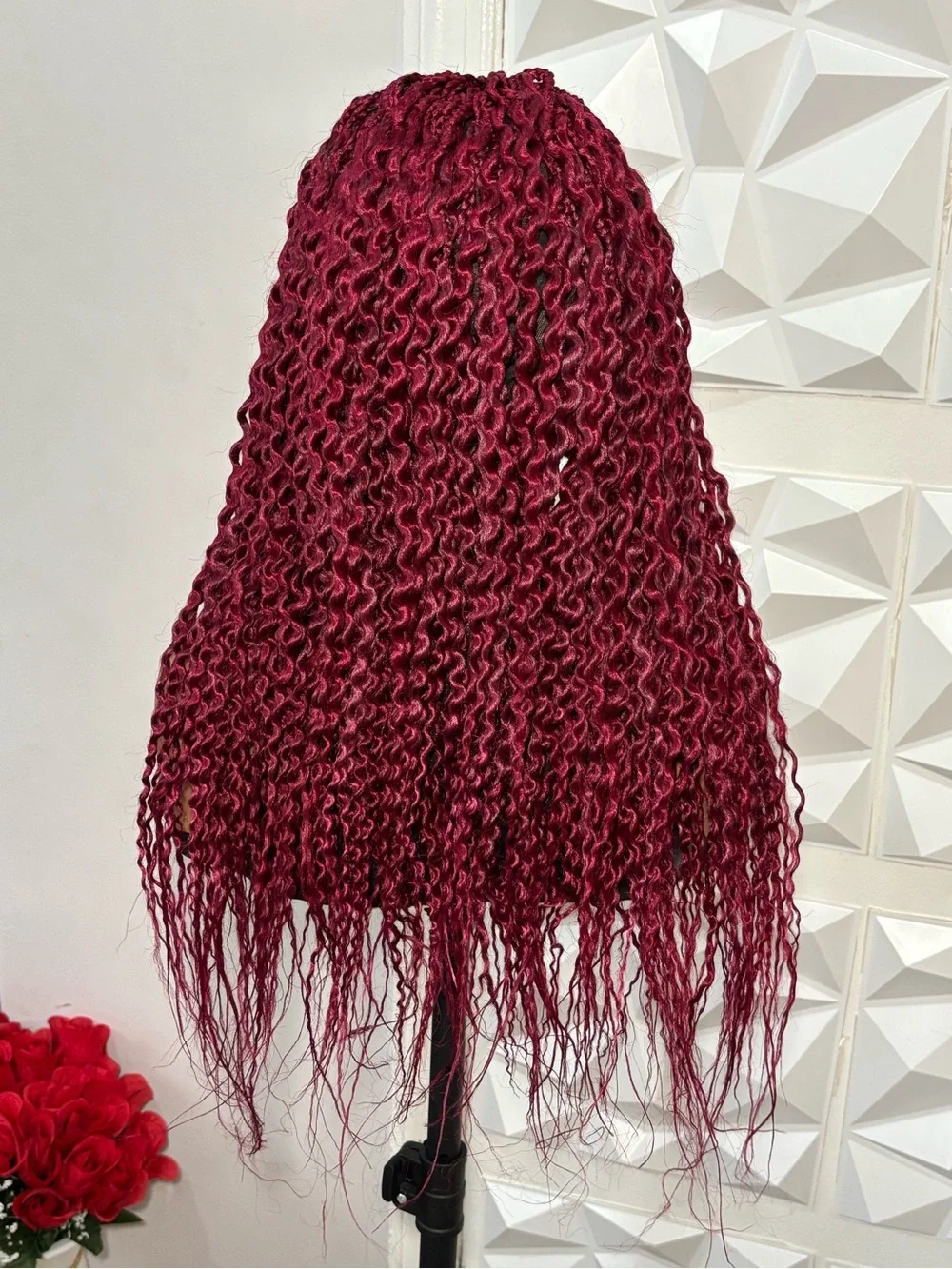 Handmade Boho curly twist Braided Closure Wig Burgundy Lightweight Natural Densi